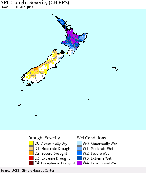 New Zealand SPI Drought Severity (CHIRPS) Thematic Map For 11/11/2023 - 11/20/2023