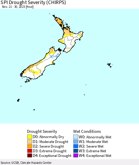 New Zealand SPI Drought Severity (CHIRPS) Thematic Map For 11/21/2023 - 11/30/2023