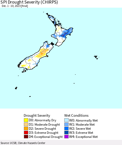 New Zealand SPI Drought Severity (CHIRPS) Thematic Map For 12/1/2023 - 12/10/2023