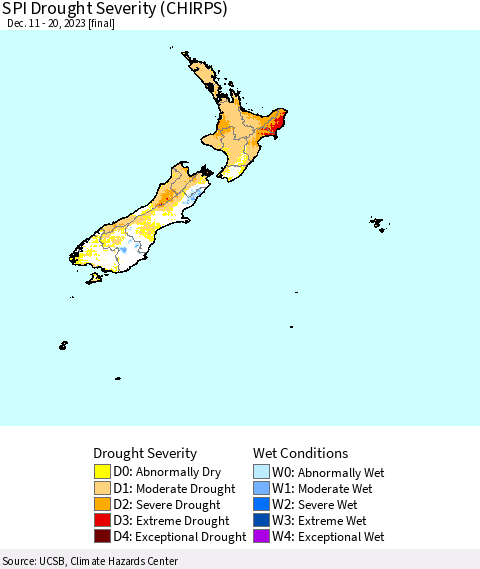 New Zealand SPI Drought Severity (CHIRPS) Thematic Map For 12/11/2023 - 12/20/2023