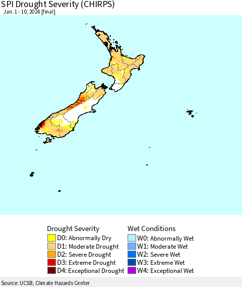 New Zealand SPI Drought Severity (CHIRPS) Thematic Map For 1/1/2024 - 1/10/2024