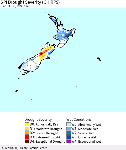 New Zealand SPI Drought Severity (CHIRPS) Thematic Map For 1/11/2024 - 1/20/2024