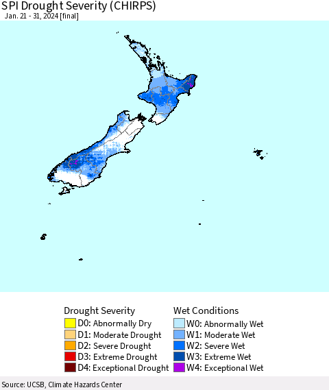 New Zealand SPI Drought Severity (CHIRPS) Thematic Map For 1/21/2024 - 1/31/2024