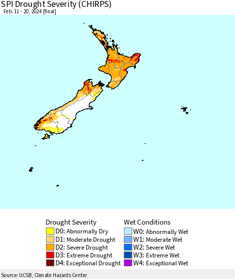 New Zealand SPI Drought Severity (CHIRPS) Thematic Map For 2/11/2024 - 2/20/2024
