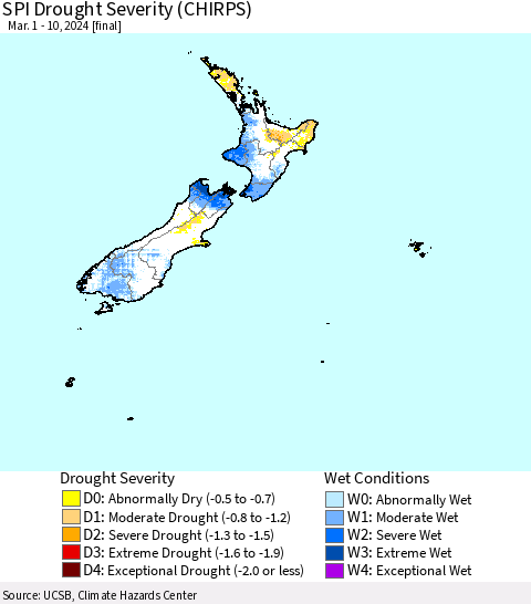 New Zealand SPI Drought Severity (CHIRPS) Thematic Map For 3/1/2024 - 3/10/2024