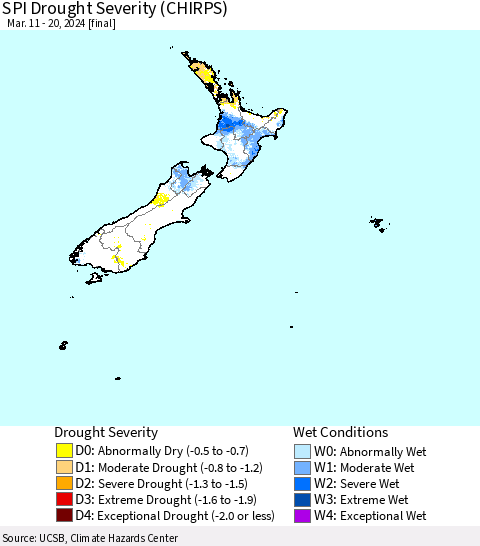 New Zealand SPI Drought Severity (CHIRPS) Thematic Map For 3/11/2024 - 3/20/2024