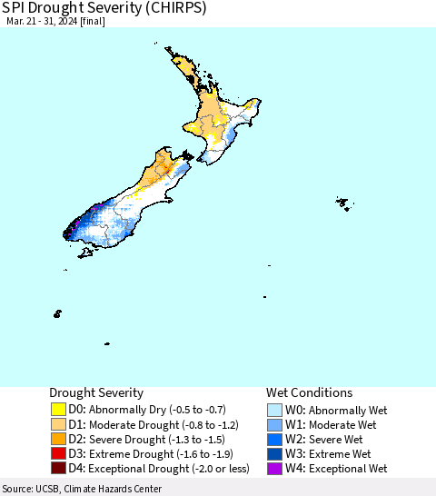 New Zealand SPI Drought Severity (CHIRPS) Thematic Map For 3/21/2024 - 3/31/2024
