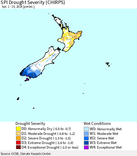 New Zealand SPI Drought Severity (CHIRPS) Thematic Map For 4/1/2024 - 4/10/2024