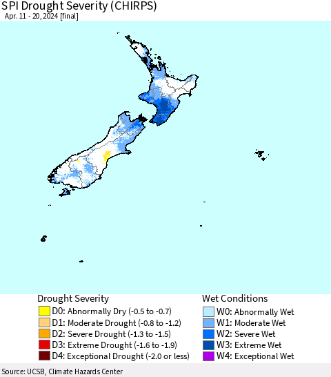 New Zealand SPI Drought Severity (CHIRPS) Thematic Map For 4/11/2024 - 4/20/2024