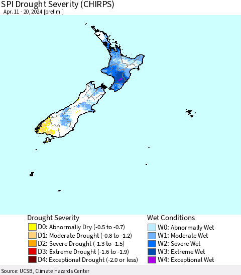 New Zealand SPI Drought Severity (CHIRPS) Thematic Map For 4/11/2024 - 4/20/2024