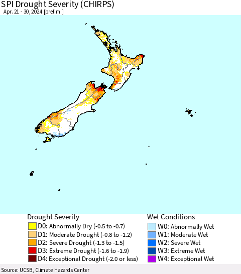New Zealand SPI Drought Severity (CHIRPS) Thematic Map For 4/21/2024 - 4/30/2024