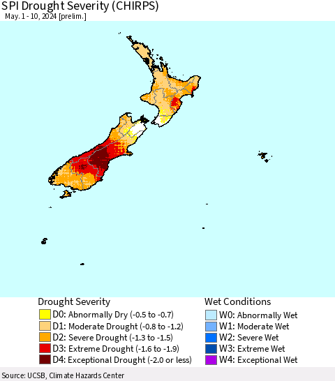 New Zealand SPI Drought Severity (CHIRPS) Thematic Map For 5/1/2024 - 5/10/2024