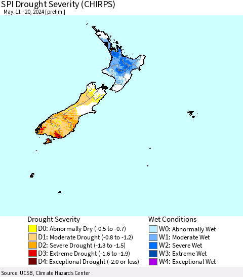New Zealand SPI Drought Severity (CHIRPS) Thematic Map For 5/11/2024 - 5/20/2024