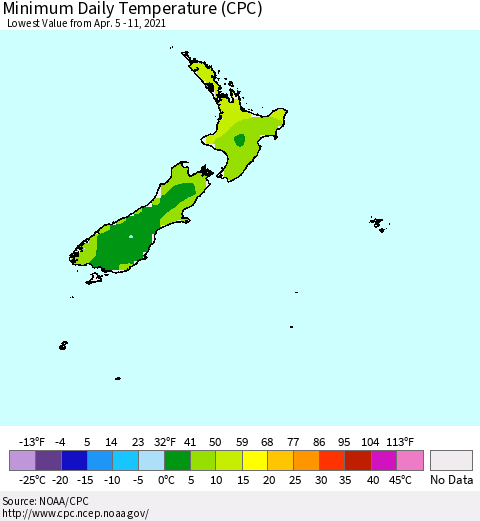 New Zealand Minimum Daily Temperature (CPC) Thematic Map For 4/5/2021 - 4/11/2021