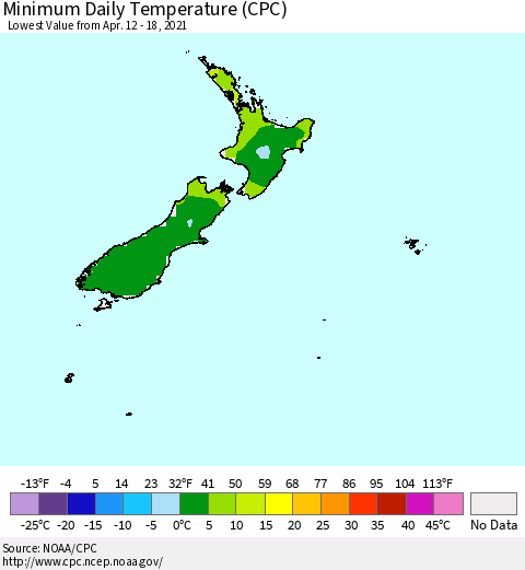New Zealand Minimum Daily Temperature (CPC) Thematic Map For 4/12/2021 - 4/18/2021