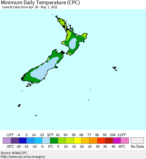 New Zealand Minimum Daily Temperature (CPC) Thematic Map For 4/26/2021 - 5/2/2021