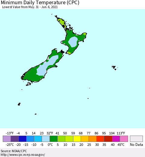 New Zealand Minimum Daily Temperature (CPC) Thematic Map For 5/31/2021 - 6/6/2021