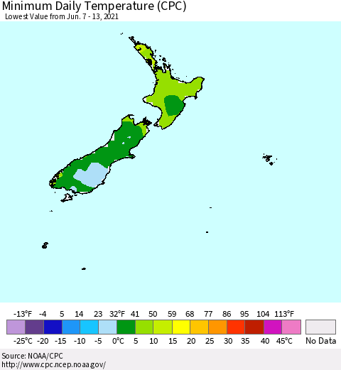 New Zealand Minimum Daily Temperature (CPC) Thematic Map For 6/7/2021 - 6/13/2021