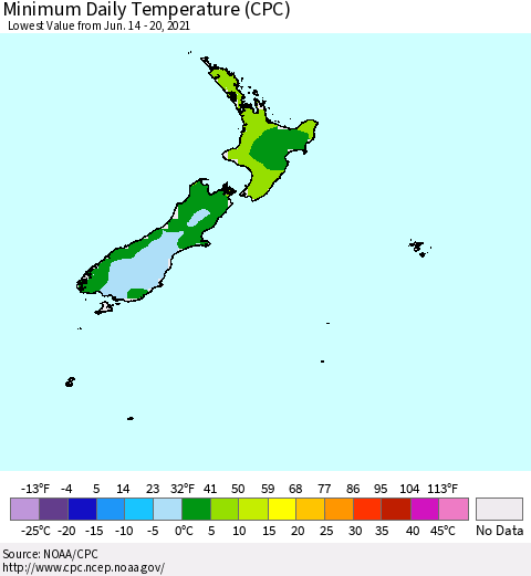 New Zealand Minimum Daily Temperature (CPC) Thematic Map For 6/14/2021 - 6/20/2021