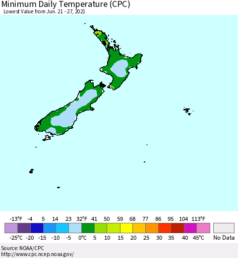 New Zealand Minimum Daily Temperature (CPC) Thematic Map For 6/21/2021 - 6/27/2021