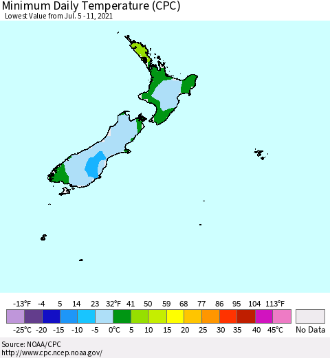 New Zealand Minimum Daily Temperature (CPC) Thematic Map For 7/5/2021 - 7/11/2021