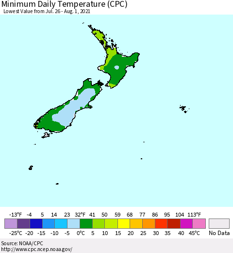 New Zealand Minimum Daily Temperature (CPC) Thematic Map For 7/26/2021 - 8/1/2021