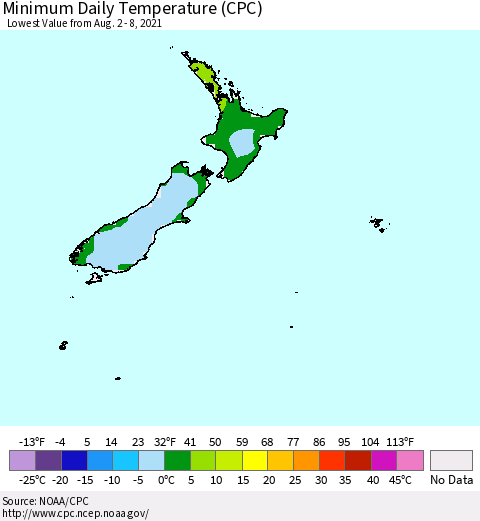 New Zealand Minimum Daily Temperature (CPC) Thematic Map For 8/2/2021 - 8/8/2021