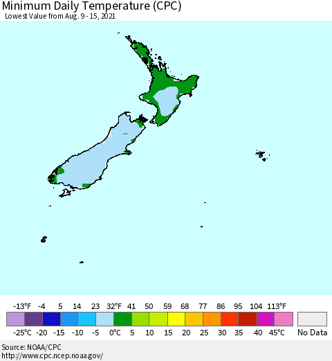 New Zealand Minimum Daily Temperature (CPC) Thematic Map For 8/9/2021 - 8/15/2021
