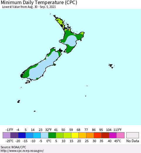New Zealand Minimum Daily Temperature (CPC) Thematic Map For 8/30/2021 - 9/5/2021
