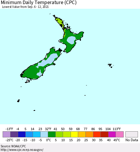 New Zealand Minimum Daily Temperature (CPC) Thematic Map For 9/6/2021 - 9/12/2021