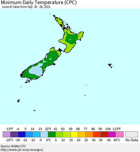 New Zealand Minimum Daily Temperature (CPC) Thematic Map For 9/20/2021 - 9/26/2021