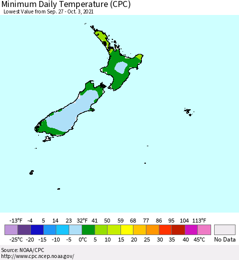 New Zealand Minimum Daily Temperature (CPC) Thematic Map For 9/27/2021 - 10/3/2021