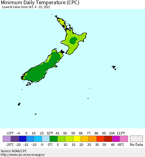 New Zealand Minimum Daily Temperature (CPC) Thematic Map For 10/4/2021 - 10/10/2021