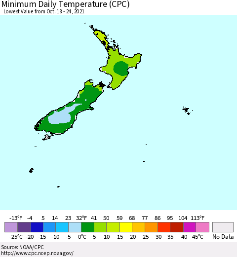 New Zealand Minimum Daily Temperature (CPC) Thematic Map For 10/18/2021 - 10/24/2021