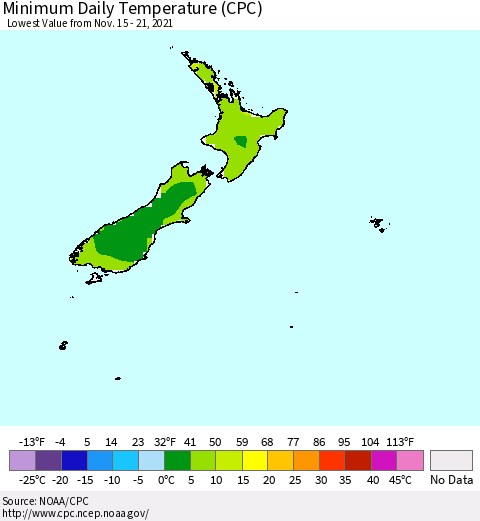 New Zealand Minimum Daily Temperature (CPC) Thematic Map For 11/15/2021 - 11/21/2021