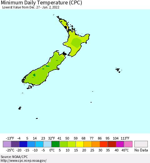 New Zealand Minimum Daily Temperature (CPC) Thematic Map For 12/27/2021 - 1/2/2022