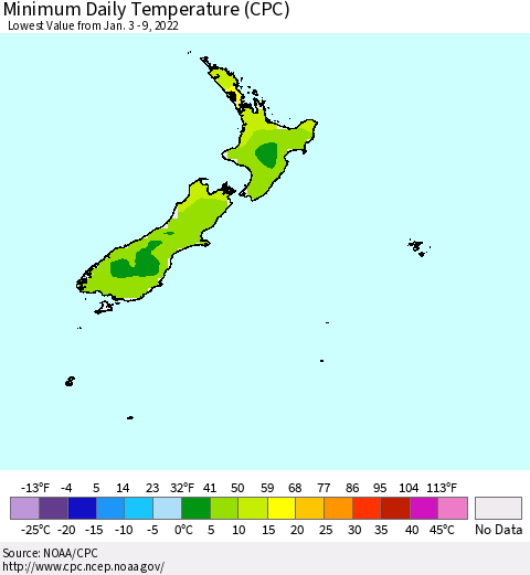 New Zealand Minimum Daily Temperature (CPC) Thematic Map For 1/3/2022 - 1/9/2022