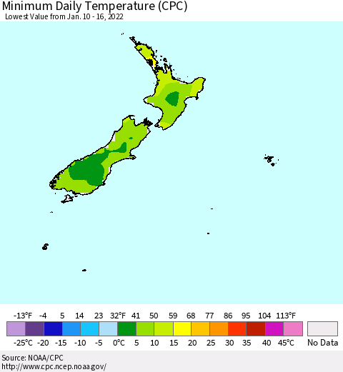New Zealand Minimum Daily Temperature (CPC) Thematic Map For 1/10/2022 - 1/16/2022