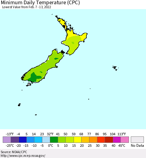 New Zealand Minimum Daily Temperature (CPC) Thematic Map For 2/7/2022 - 2/13/2022