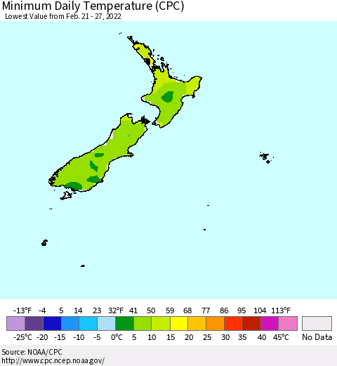 New Zealand Minimum Daily Temperature (CPC) Thematic Map For 2/21/2022 - 2/27/2022