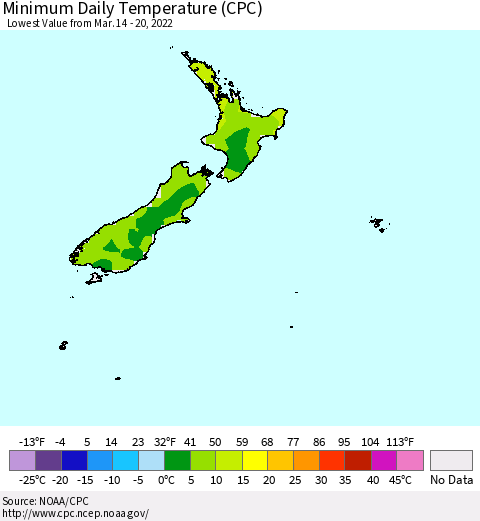 New Zealand Minimum Daily Temperature (CPC) Thematic Map For 3/14/2022 - 3/20/2022