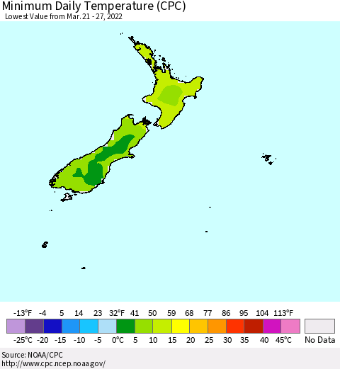 New Zealand Minimum Daily Temperature (CPC) Thematic Map For 3/21/2022 - 3/27/2022