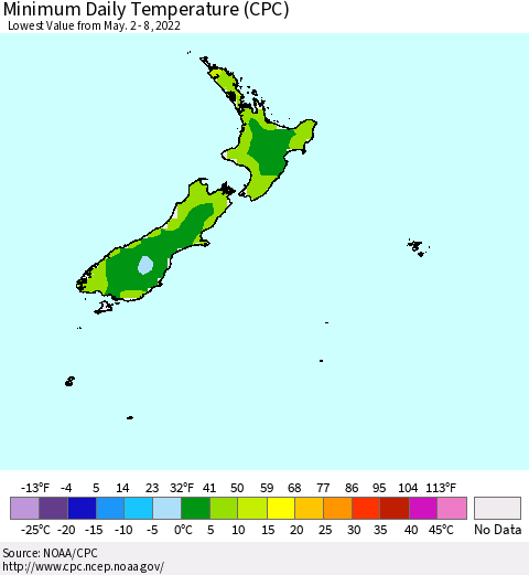 New Zealand Minimum Daily Temperature (CPC) Thematic Map For 5/2/2022 - 5/8/2022