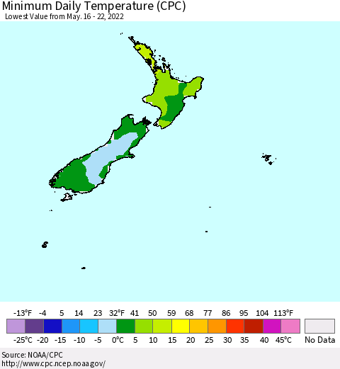 New Zealand Minimum Daily Temperature (CPC) Thematic Map For 5/16/2022 - 5/22/2022