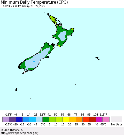 New Zealand Minimum Daily Temperature (CPC) Thematic Map For 5/23/2022 - 5/29/2022