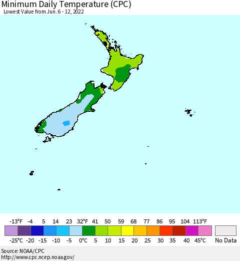 New Zealand Minimum Daily Temperature (CPC) Thematic Map For 6/6/2022 - 6/12/2022