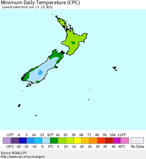 New Zealand Minimum Daily Temperature (CPC) Thematic Map For 6/13/2022 - 6/19/2022