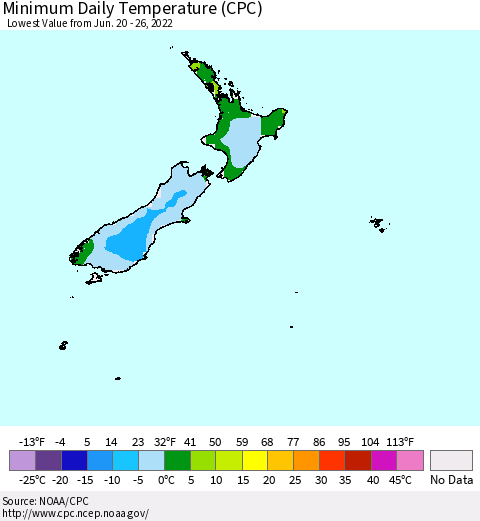 New Zealand Minimum Daily Temperature (CPC) Thematic Map For 6/20/2022 - 6/26/2022