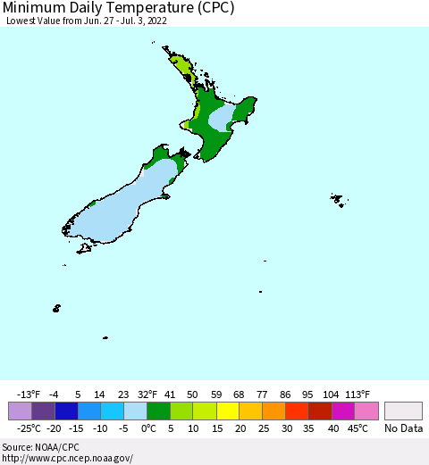 New Zealand Minimum Daily Temperature (CPC) Thematic Map For 6/27/2022 - 7/3/2022