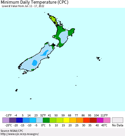 New Zealand Minimum Daily Temperature (CPC) Thematic Map For 7/11/2022 - 7/17/2022